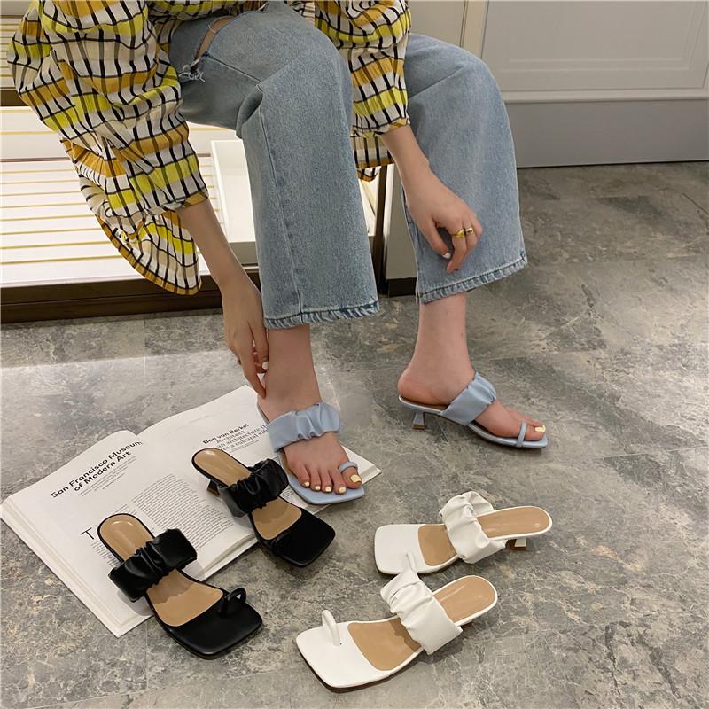 

Shallow Med Square Toe Shoes Ladies' Slippers Thin Heels Slipers Women 2021 PU Fabric Rubber Slides Basic Shallow Female Shoes
