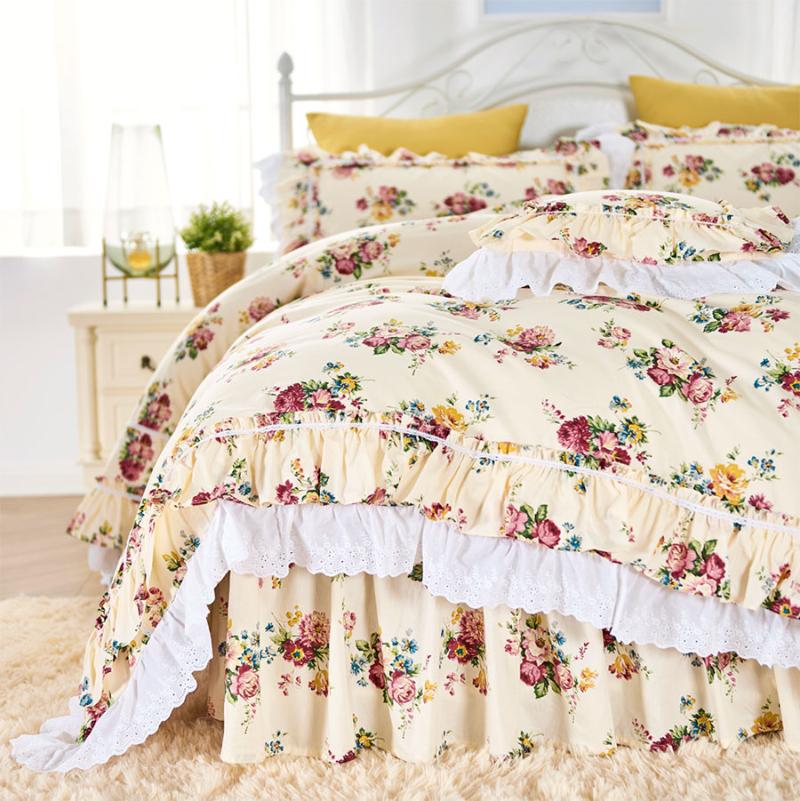 

Vintage ruffle lace bedding sets, full queen king retro cotton single double bedclothes bedspreads pillow case quilt cover, Picture color