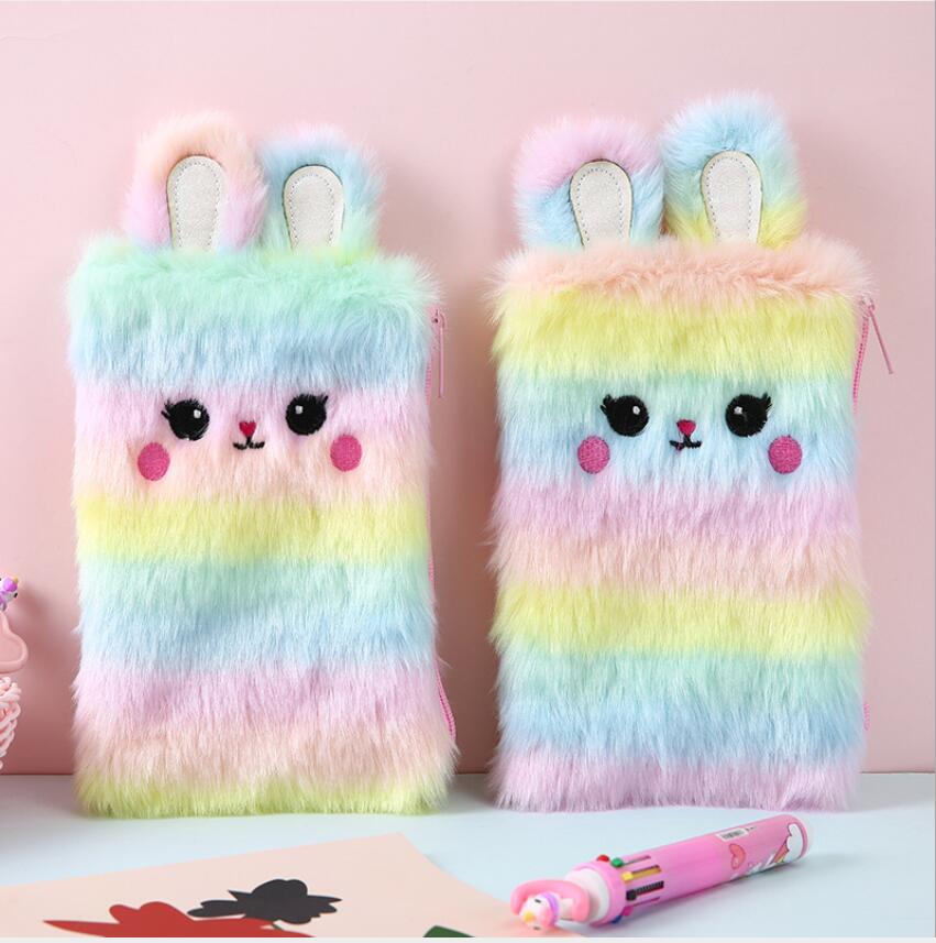 Pencil Bags Rainbow color Rabbit large capacity stationery storage bag girl Makeup Plush sundry-image-650666836
