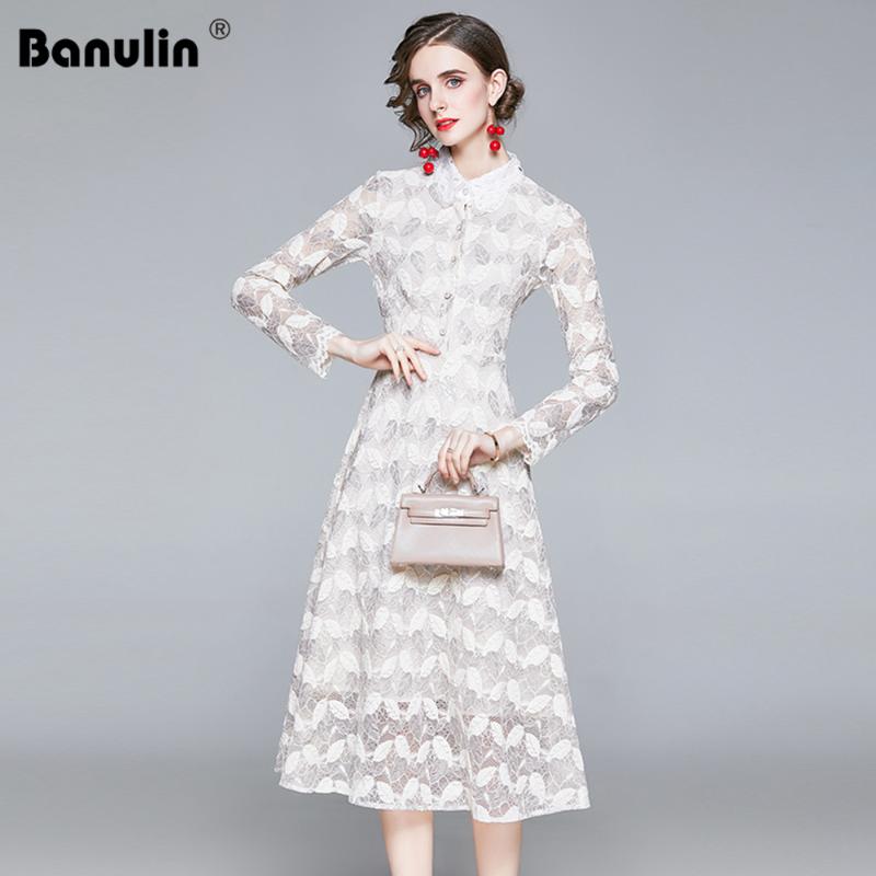 

Banulin Women Elegant Bodycon Lace Dress Party Casual Runway Vestidos Autumn Winter Vintage Apricot Sexy Lace Midi Dresses