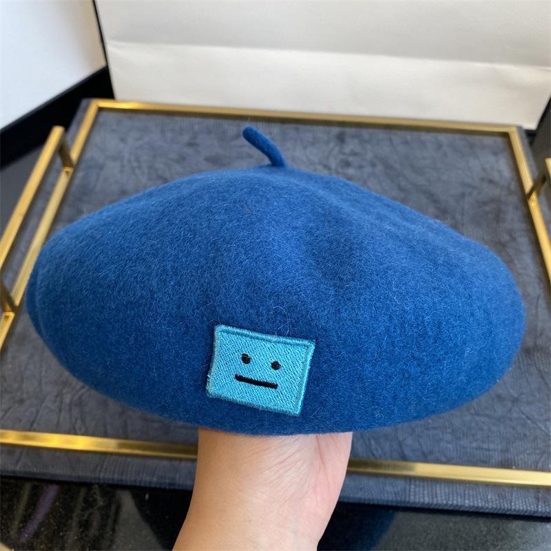 

New Solid Color Winter Beret For Woman Painter Cap Smile Embroidery Autumn Hat Winter Cap Wool Beret Hat Spring, Black