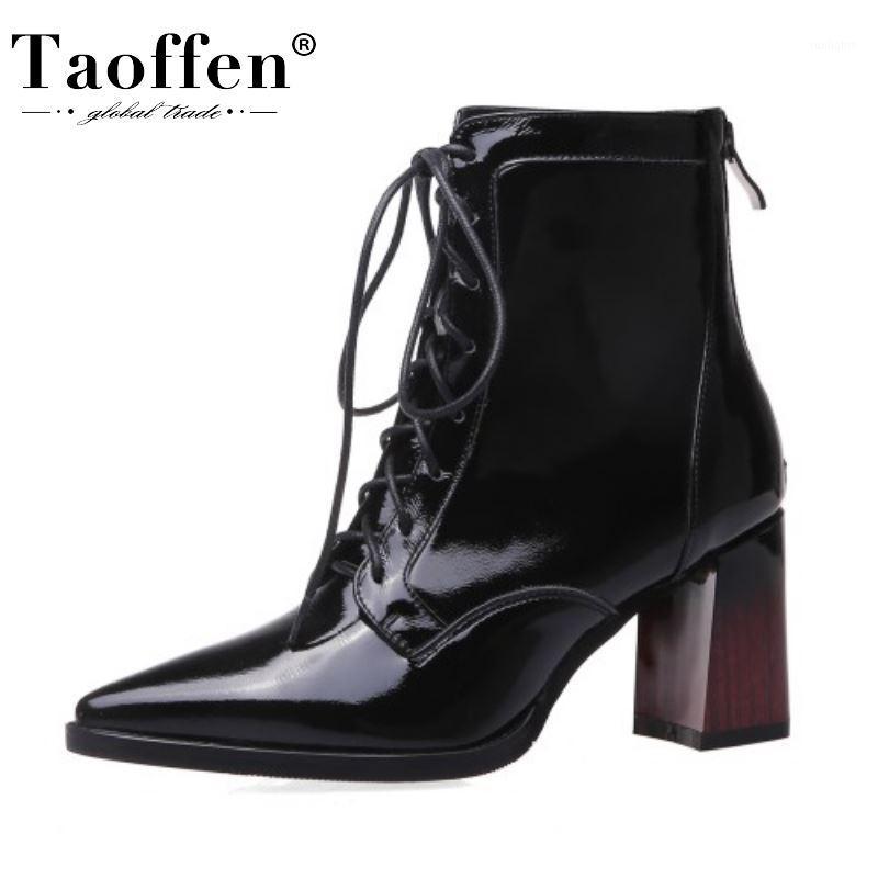 

Taoffen New Women High Heel Boots Zipper Thick Heel Real Leather Women Winter Shoes Cool Short Boots Woman Footwear Size 33-401, Black shaft 15cm