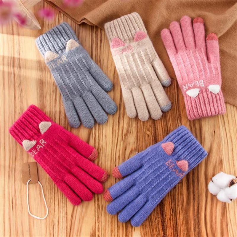 

Touch Screen Gloves Women Winter Knitted Woolen Five-finger Thickened Warm and Sweet Cartoon Gloves