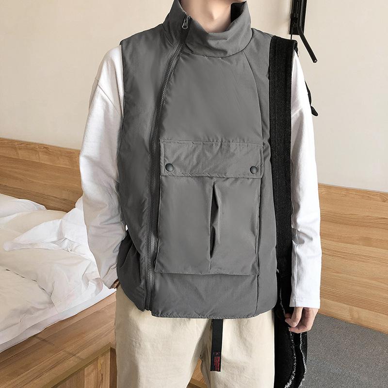 

New Warm Vest Turtleneck Vest Men's Coat Tooling Cotton Waistcoat Outer Wear Thick Sleeveless Cotton Coat Trend, M01 gray