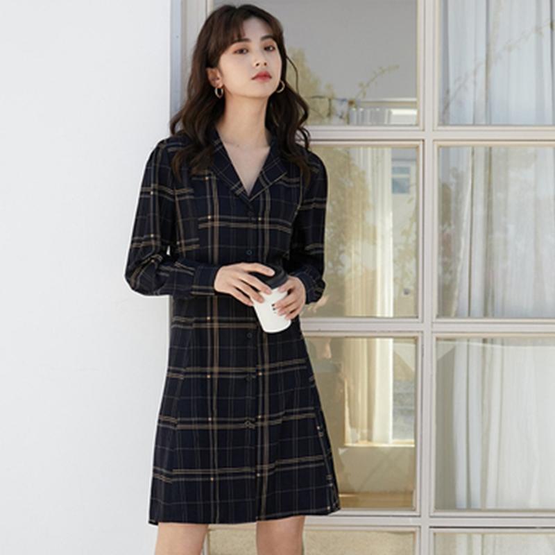 

Hong Kong style 2020 Autumn Harajuku Vintage Plaid Shirtdress French Fishtail Dress Fashion Temperament