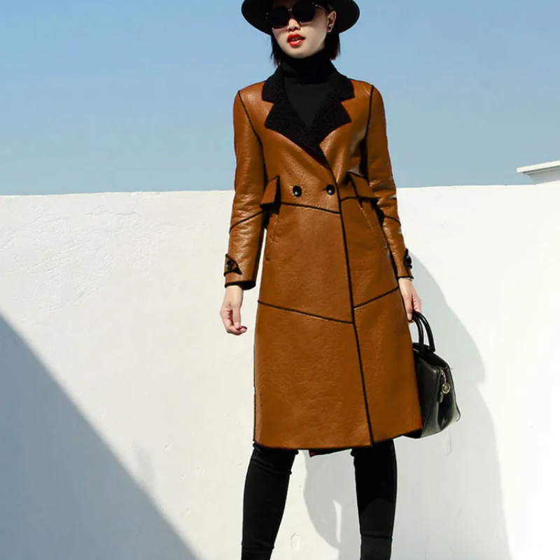 

2021 New Women Long Winter Fur Coats Pu Leather Fleece Jacket 7fzd, Red