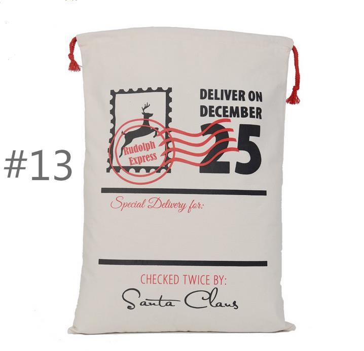 

50pcs/lot New arrival Gift Bag Christmas Red drawstring Canvas Santa Sack Vintage Christmas stocking bag Decoration 8 styles