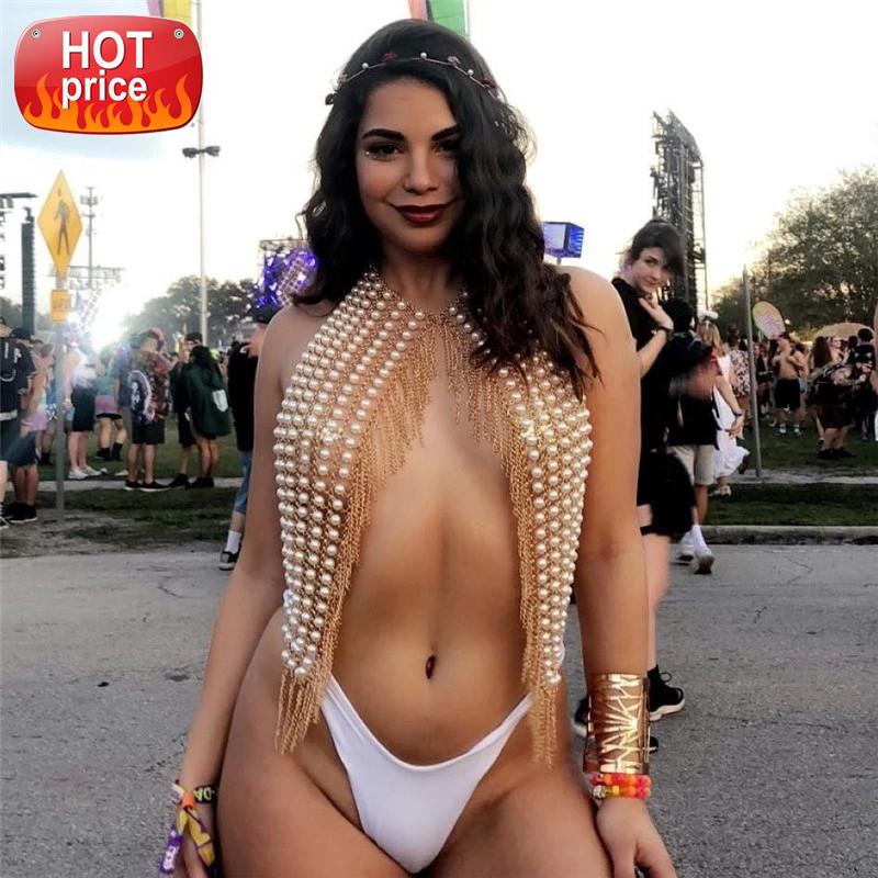 

AKYZO 2017 Bling Festival Wear Alloy Crop Tops Women Fake Pearls Beading Tassel Chain NightClub Party Burning Wild Camis Tops #lL6p, White