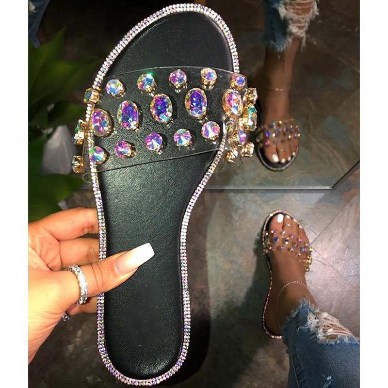 

Slippers Women's Glitter Sandals Fancy Jeweled Flat Shoes Low Wedge Slide Rainbow Rhinestones Flip Flops, Black