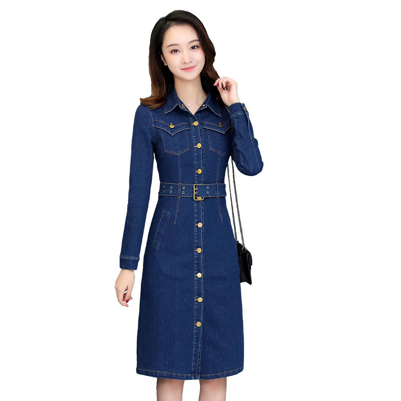 

Women Denim Spring Fashion Long-sleevme Belt Buttons Loose Mid-length Cowboy Dress Plus Size R258 N9a8, Light blue