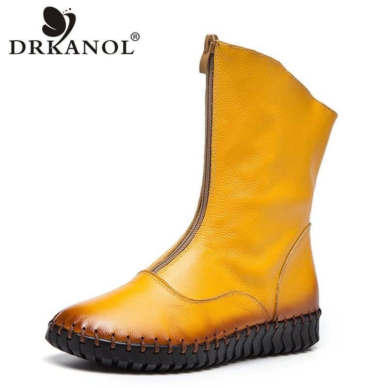 

DRKANOL Genuine Leather Women Ankle Boots Soft Round Toe Zip Winter Warm Snow Boots Women Flat Casual Shoes Plus Size 35-43, Without plush