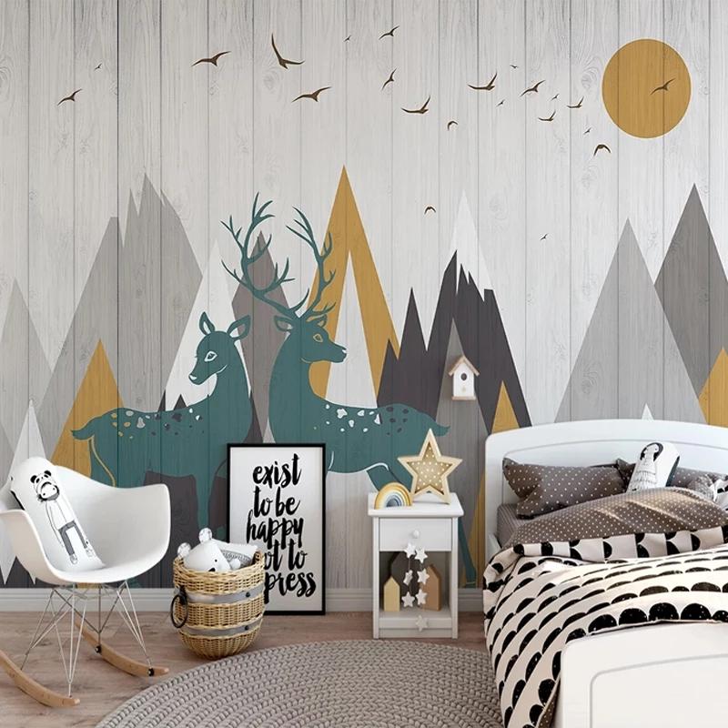 

Custom 3D Wallpaper Murals Wood Board Hand Painted Cartoon Mountain Bird Sunrise Forest Elk Mural Childrens Bedroom Decoration, Fiber canvas