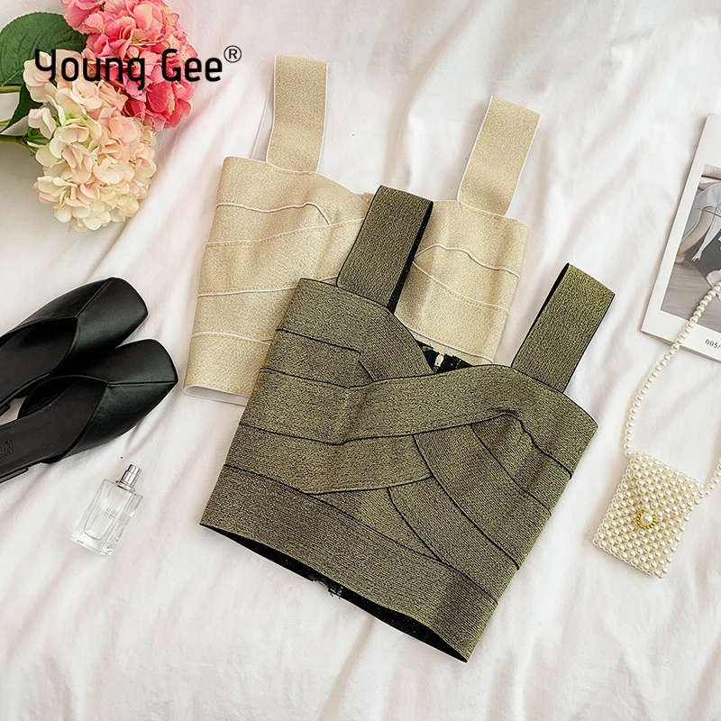 

YoungGee Tank Tops Wrapped Chest Sleeveless Vest Sexy Women Sexy Bandage Croptop Summer Strap V-Neck Lady's High Stretchy Camis Y200422, Light gold