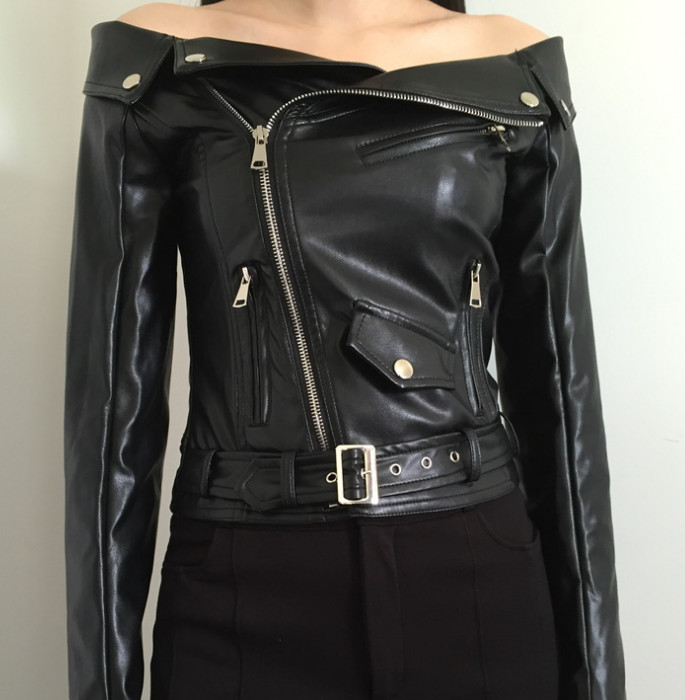 

Woman Off shoulder faux leather jacket women motorcycle jacket 2016 Spring autumn outerwear coats Short zipper basic jackets, Black