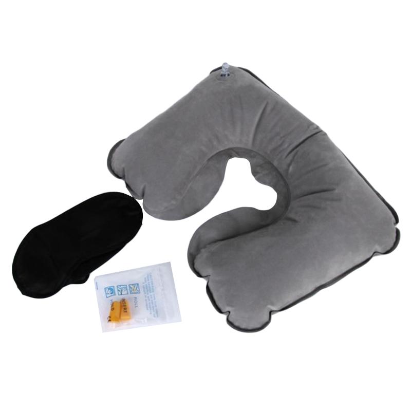 

3 Pcs Sleeping Kit Sleep Eye Mask Eyeshade + Inlatable Neck Pillow + Ear Plug for Travel Business Car Plane (Random Color