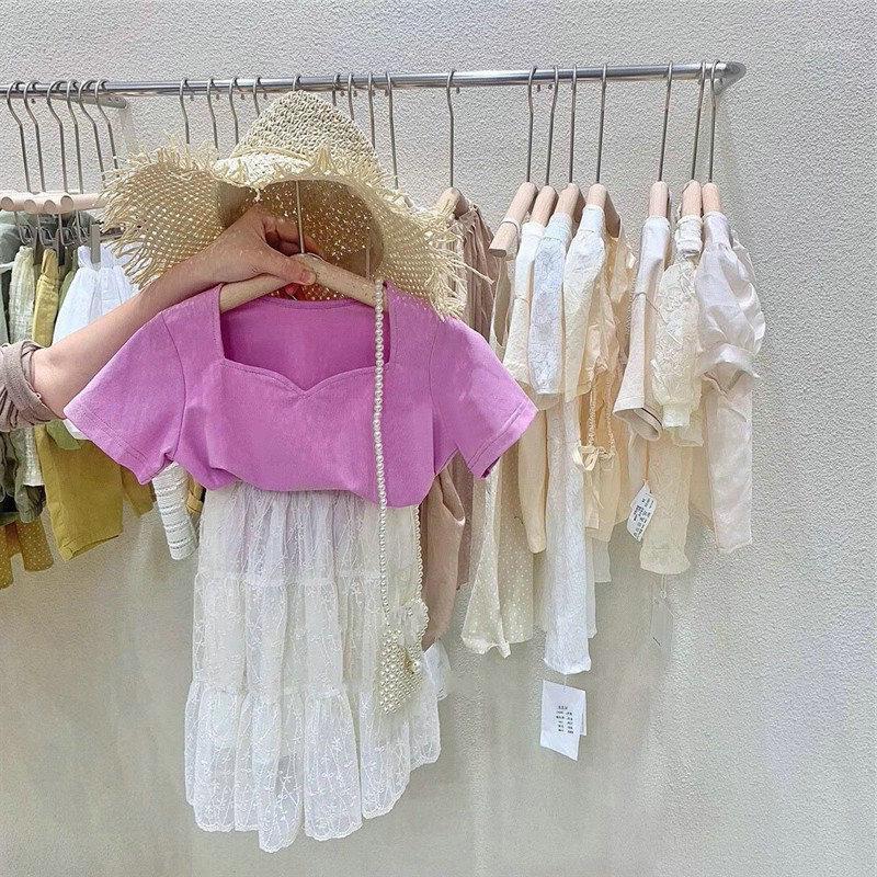 

Girls Suit U-Collar Short-Sleeve T-shirt with Lace Skirt Two Pieces Set 2020 Summer New Childrens Clothing Toddler Fashion Set1
