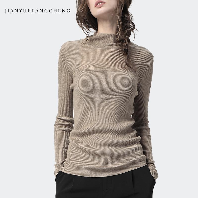

Fashion Women 2020 Winter Knitted Bottoming Shirt Sexy See through Thin Sweater High Neck Skinny Tight Tops Pull On Long Sleeve, Khaki