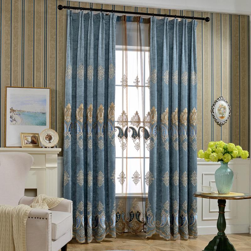 

Luxury Blue Chenille Curtains For Living Room European Embroidery Curtains Tulle Bedroom Decorate Panel Velvet, Blue tulle
