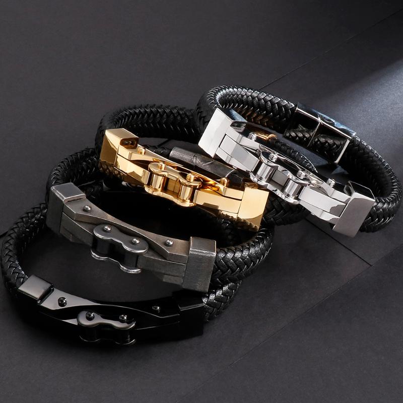 

Tennis Stainless Steel12MM Wide Bicycle Chain Men's Hand Bracelet Braided Genuine Leather Cuff Bracelets & Bangles Viking Boys Jewelry