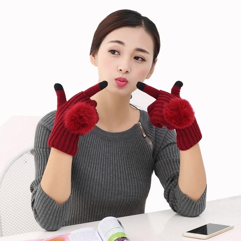 

Five Fingers Gloves YSNDCHI Women Touched Screen Half Finger Two-piece Warm Mittens Black Fur Knitting Winter