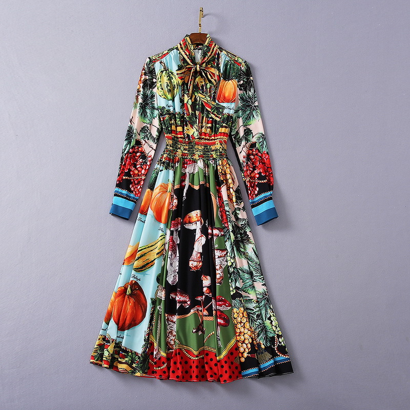 

1003 XL 2020 Free Shipping Autumn A Line Long Sleeve Lapel Neck Mid Calf Dress Prom Fashion Flora Print Brand Same Style SH, Black