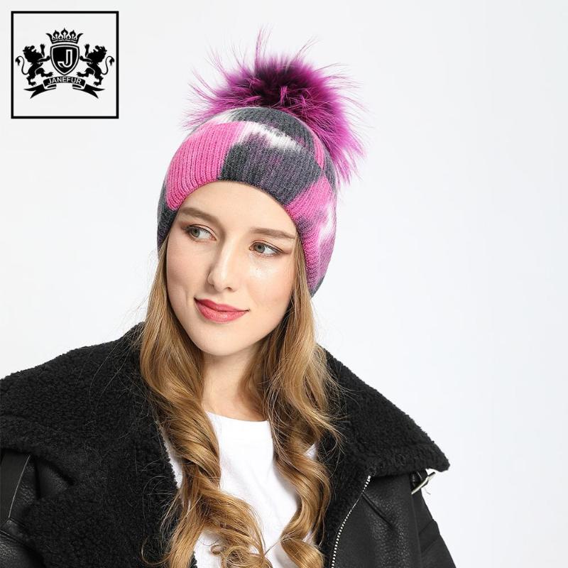 

Warm Winter Knitted Hat with Fluffy Raccoon Fur Pompom Women Colorful Soft Cotton Blend Autumn Spring Beanie