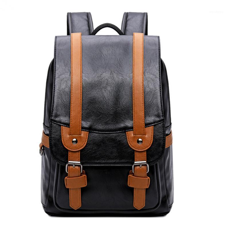 

College Middle school student schoolbag stitching contrast color pu waterproof male retro backpack men bags travel laptop bag1, Black