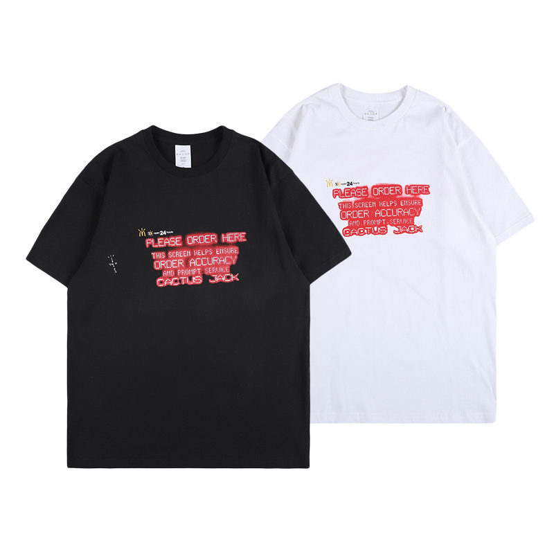 

2021 New Hip Hop Shirt of Cotton Cactus Jack Black Imprint White Base Short Sleeve Color V85H