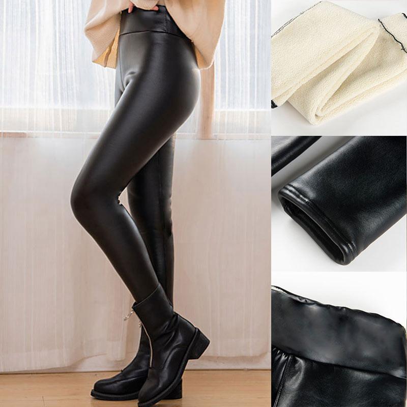 

NEW 2020 Winter PU Leather Pants Women High Waist Leggings Thick Fleece Lined Warm Pencil Pants Plus Size Trousers