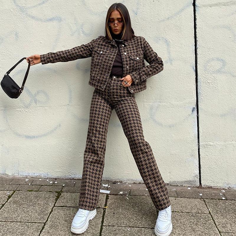 

Women Pants Capri Houndstooth 90s Streetwear Cargo Pant Y2K Aesthetic Straight Trousers Slim Joggers High Waist Female Vintage, Brown