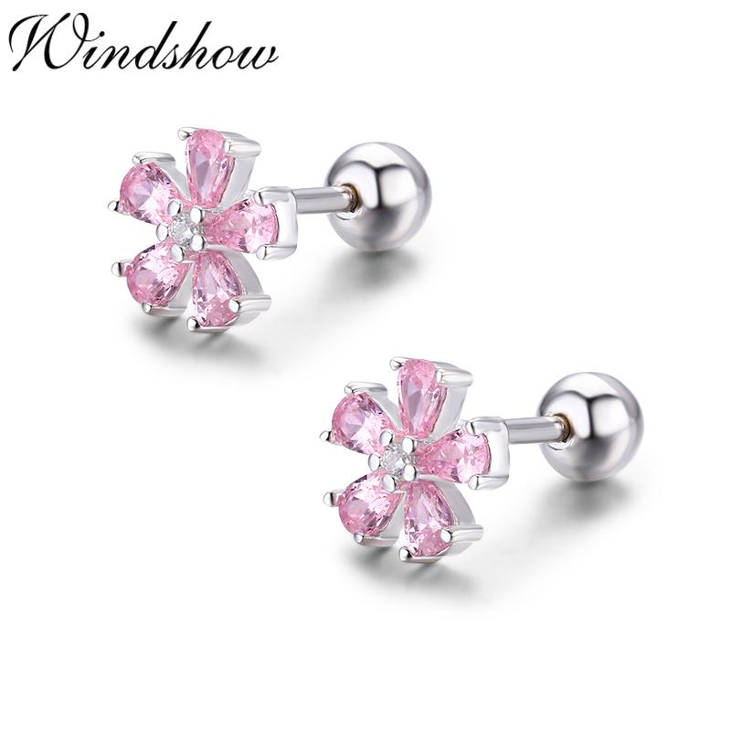 

Cute Pink CZ 925 Sterling Silver Flower Screw Stud Earrings For Women Girls Kids Piercing Jewelry Orecchini Aros Aretes Kolczyki