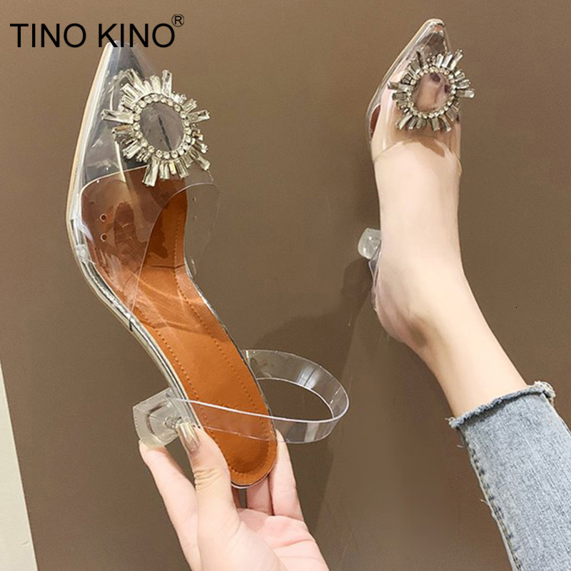 

2021 New Women Sandals Transparent Crystal Summer Jelly Pointed Toe Slip on Low Heels Fashion Wedding Shoes Plus Size Toll, 2cm