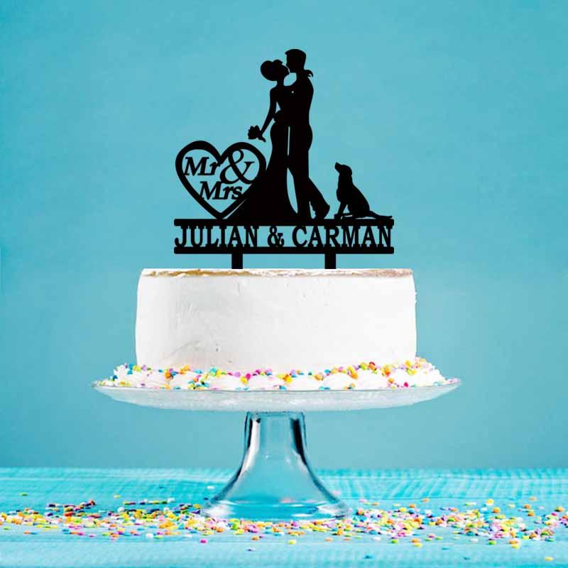 

Personalized Wedding Cake Topper Custom Mr Mrs Name Groom Bride and Dog Cake Topper For Wedding Decoration YC013