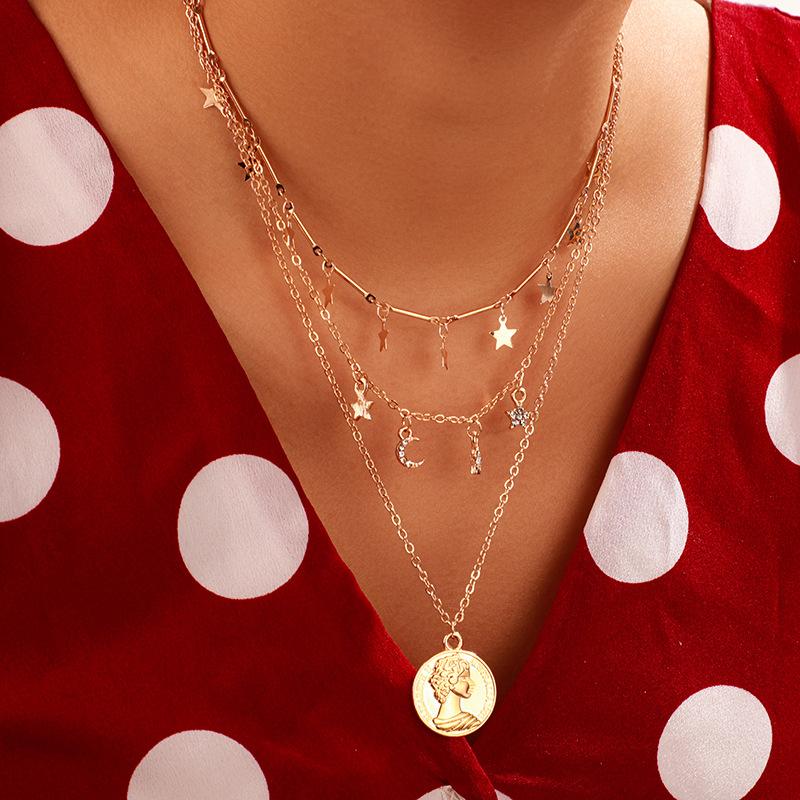 

Brling New 2020 Fashion ins vintage Chain Pendant Choker crystal character pattern star moon Necklace for women Girls Gift Party, Golden;silver