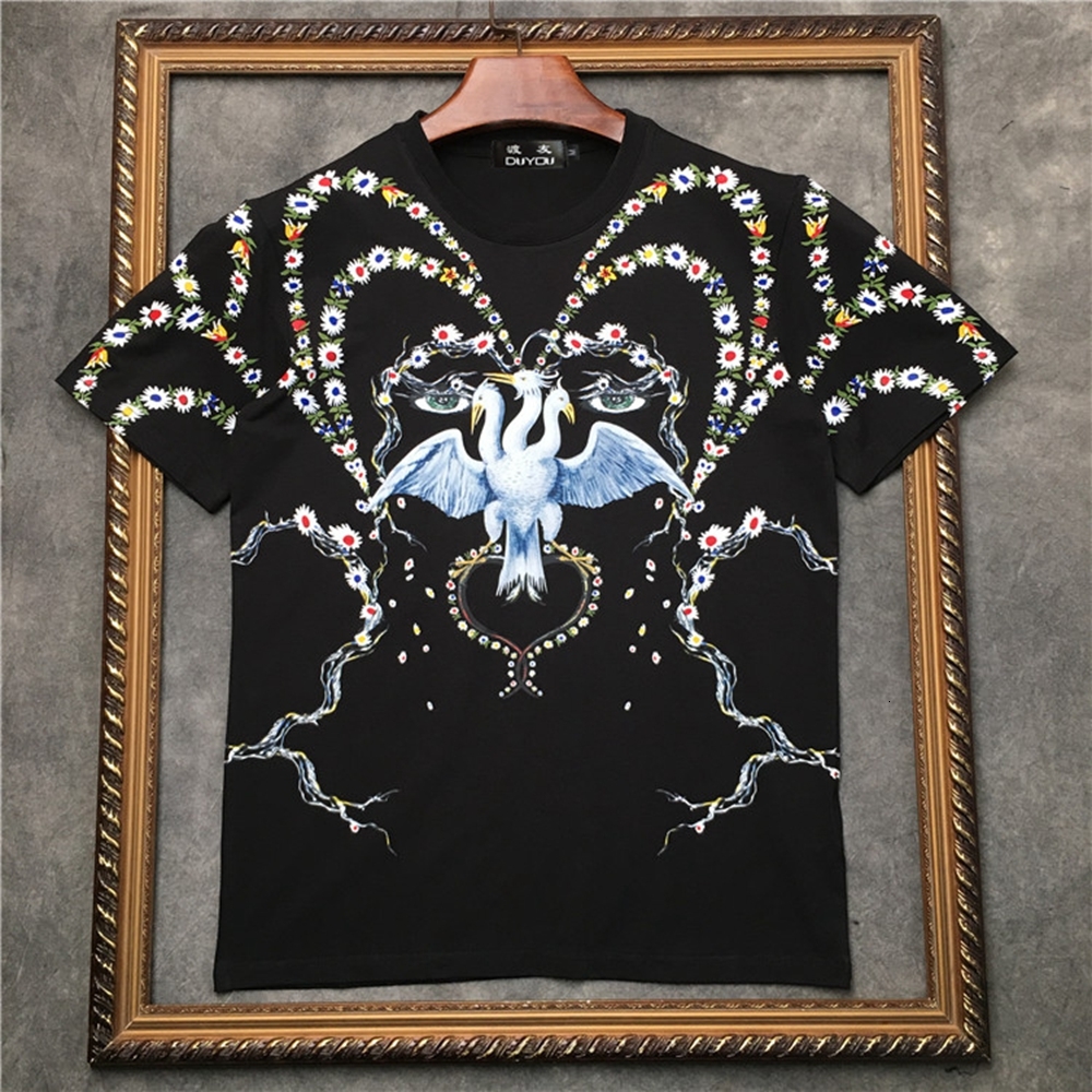 

Men' 100% Cotton Shirts Cranes and Flowers Print Round Neckline Short-sleeved T-shirt Streetwear M|2021101549 Mfj2, Black