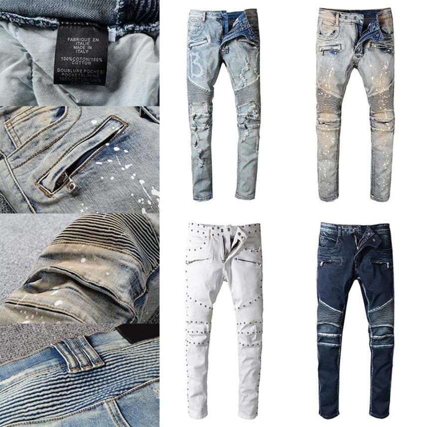 

High quality Mens digne Distrsed Motorcycle biker jeans Rock ny Ripped hole stripe Famous Brand Denim, Blue