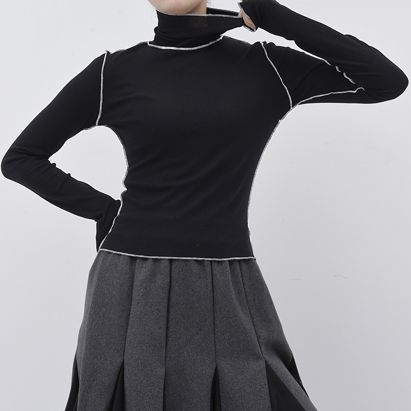 

[EAM]New Spring Autumn High Collar Long Sleeve Solid Color Black Reffles Split Joint Loose T-shirt Women Fashion Tide JE155 201125