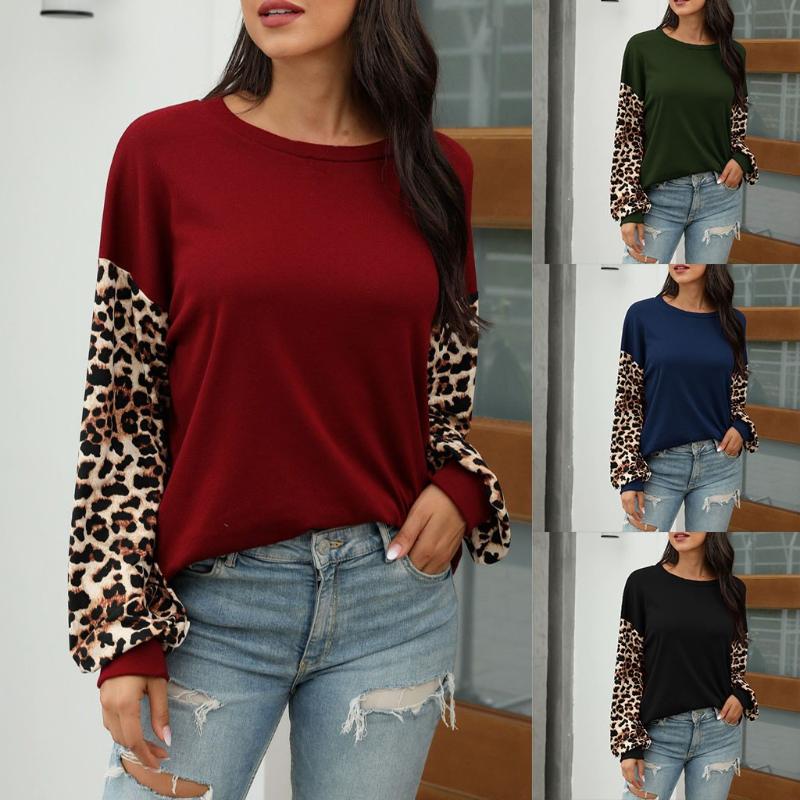 

Fashion Leopard Patchwork Blouse Loose O-Neck Tops Casual Autumn Winter Tops Ladies Female Women Long Sleeve Blusas Pullover, Army green