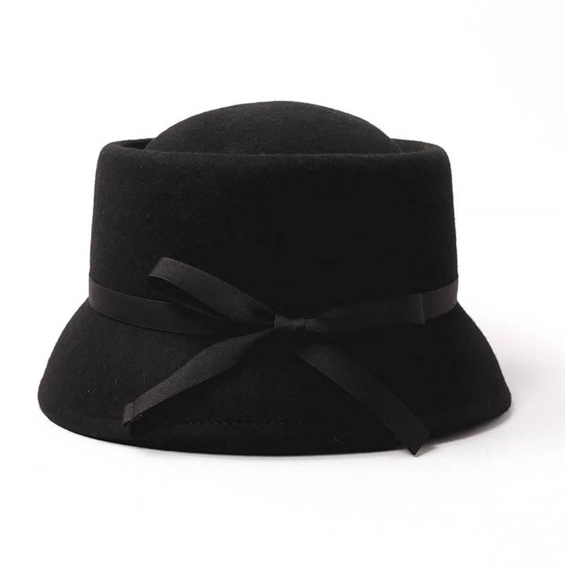 

New Wool Felt Cloche Winter Hat Women Asymmet Brim Ribbon Fedora Hat Lady Party Fashion Collapsible Soft Warm, Black