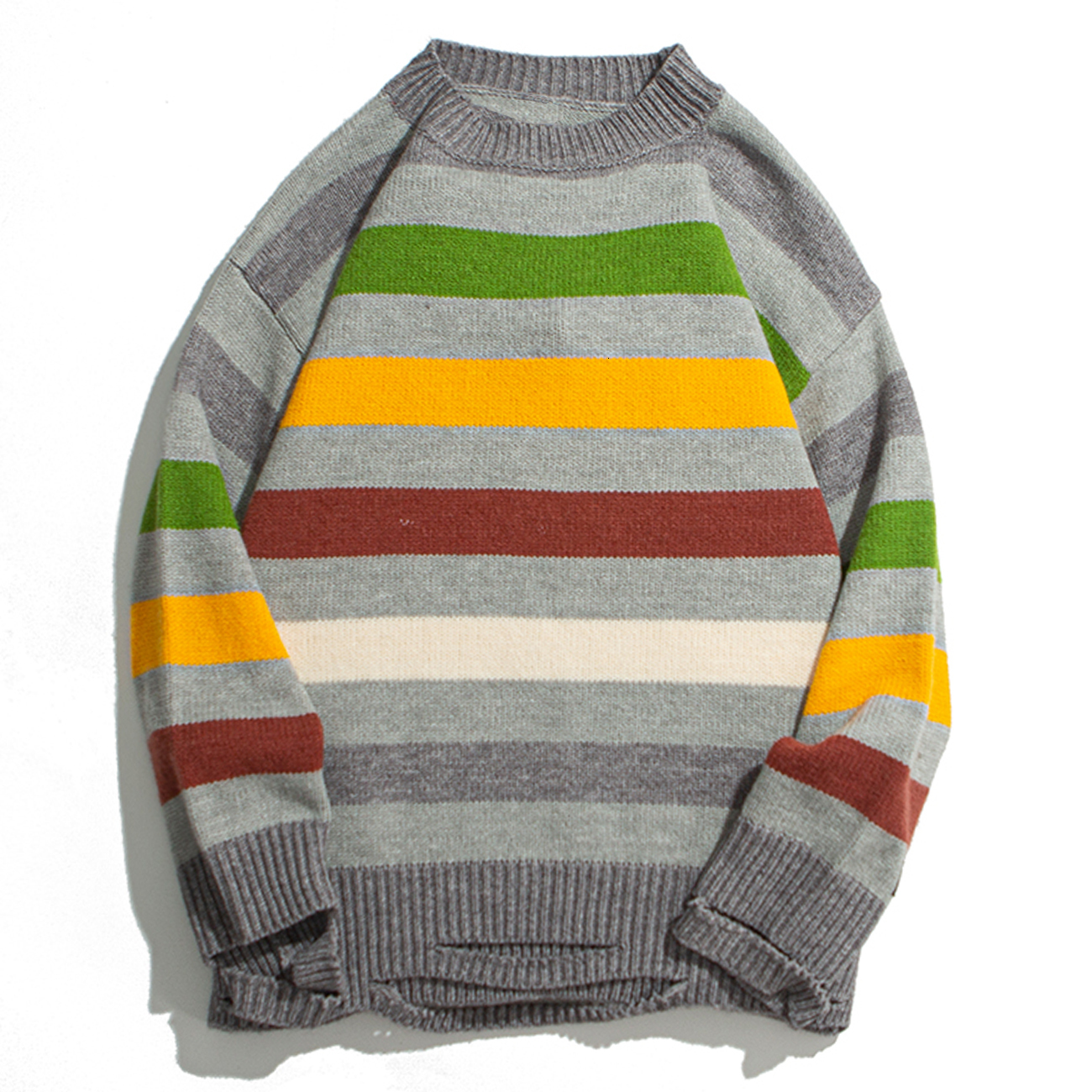 

2021 New Holes Striped Knitwear Casual Harajuku Streetwear Sweater Oversize Mens Autumn Hip Hop Loose Men Clothing Pullover 9zke, Gray