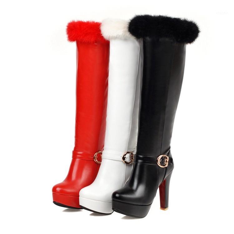 

PXELENA Fashion Fur Faux Women Knee High Boots Super High Heels Zip Buckle Party Dress Office Lady Long Boots Black White1