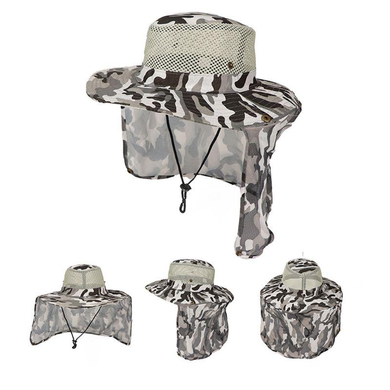 

Men Women Summer Camouflage Floppy Bucket Hat with Mesh Neck Flap Protector Outdoor Hiking Fishing Wide Brim Boonie Cap