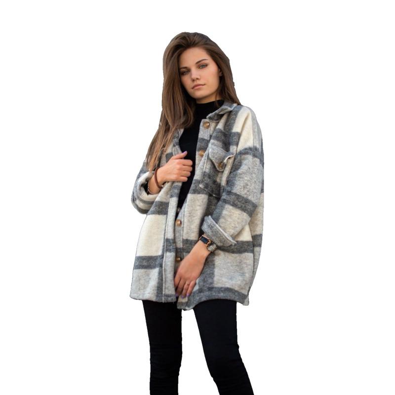 

2021 Fall/Winter Women' Jacket Long Sleeve Lapel Loose Plaid Casual Jacket High Street Female Manteau Femme Wm*, Gray