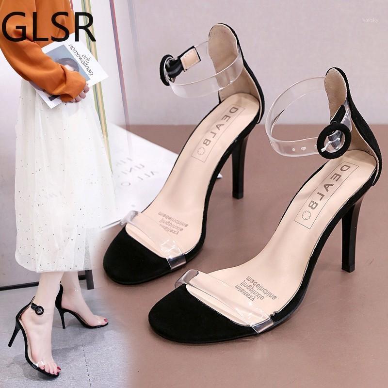 

2021 One word with transparent high heels fairy thin heel sandals female fairy style 2021 new women's shoes1, Black