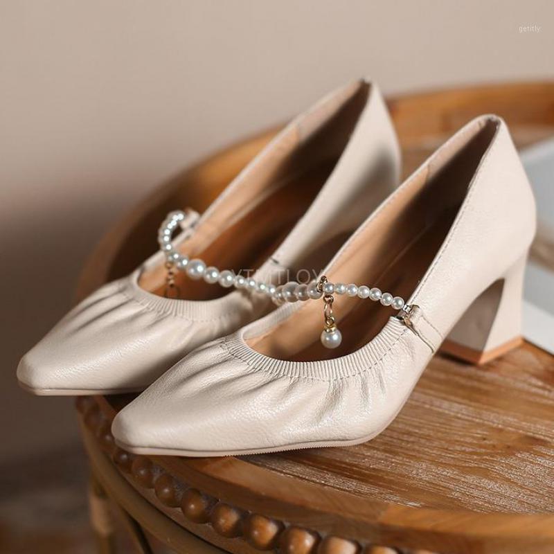 

Women Spring New Fashion Heels Shoes Elastic Slip On Pearls Pumps Office Lady Leather Zapatos De Mujer Plataforma1, Beige