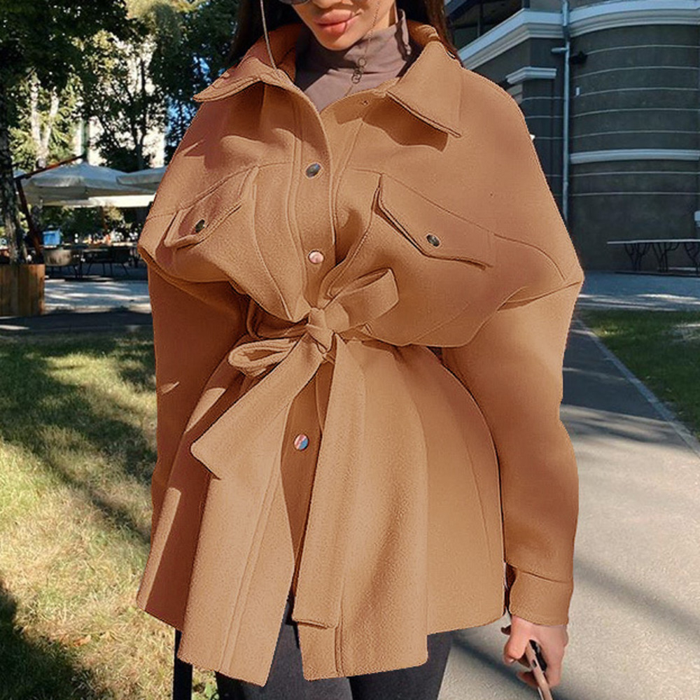 

Elegant women's wool long sleeve collar turned down coat female jacket loose winter shirt streetwear 979E, Black