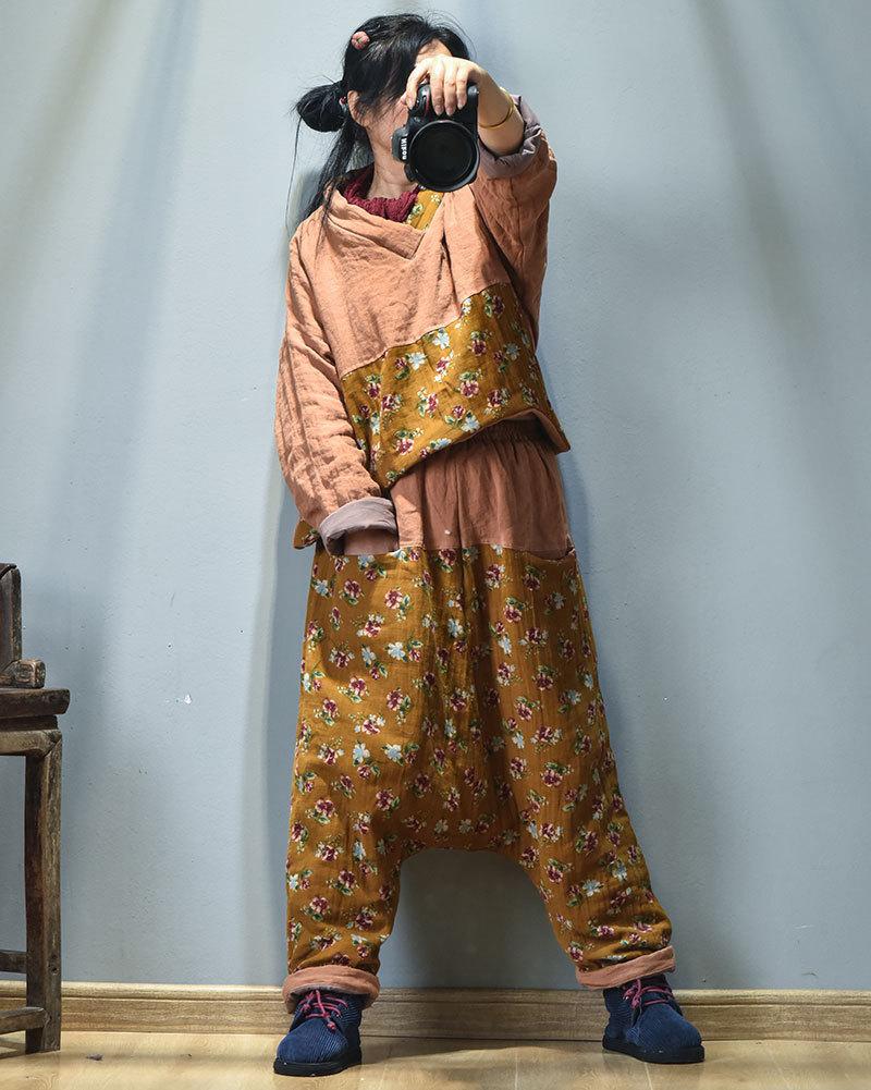 

Women Loose Elastic Waist Patchwork Harem Pants Padded Trousers Female 2020 Winter Spliced Warm Pants Female Padded, Black