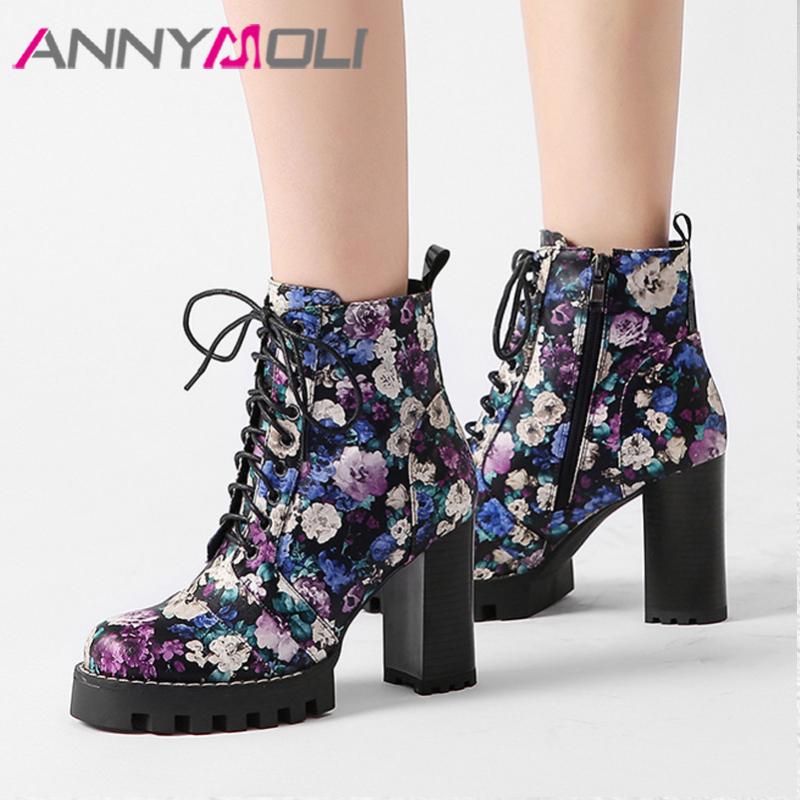 

ANNYMOLI Winter Ankle Boots Women Genuine Leather Flower Chunky Heel Short Boots Zipper Super High Heel Shoes Ladies Size 34-42, As picture synthetic