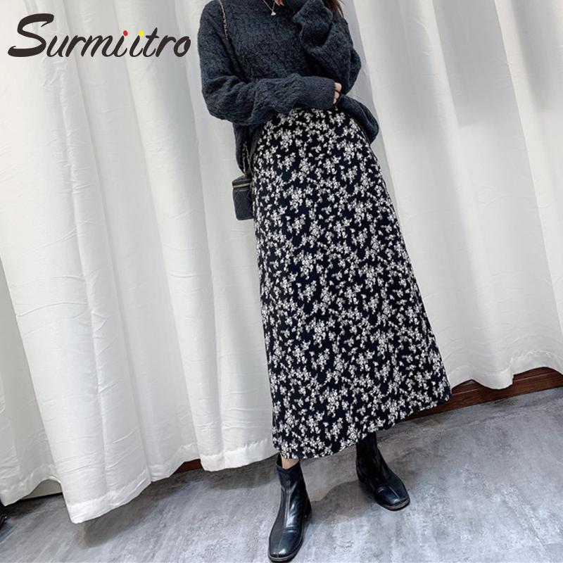 

SURMIITRO Korean Style Floral Print Long Skirt Women 2020 Autumn Winter Black White High Midi Waist Skirt Female