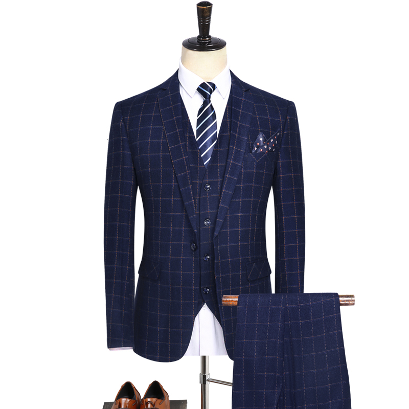 

2021 New Business Suits Set Men's Single-breasted Stripes Wedding Dress Classic Male Suit KS9Y, Blue